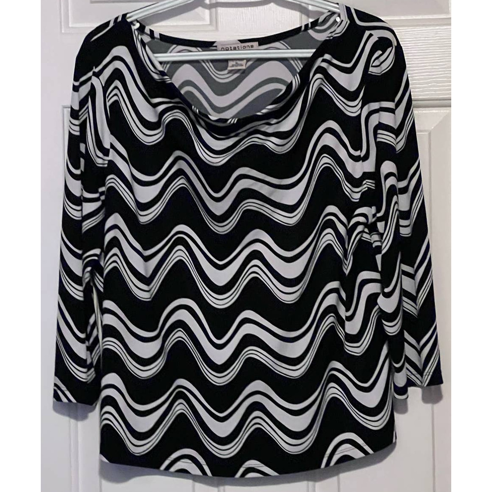 Notations Women's Black White Wavy Long Sleeve Scoop Neck Blouse Size XL